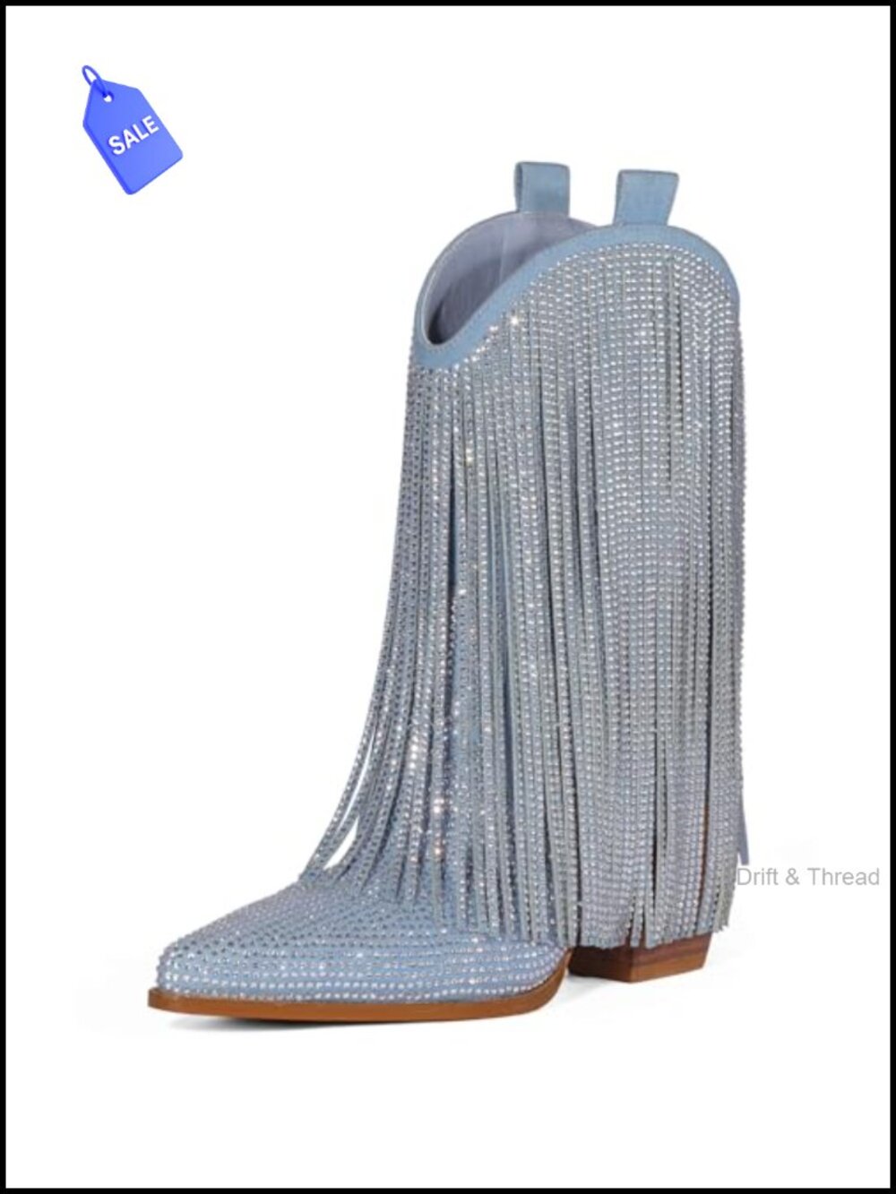 Women's Cowboy Boots, Sparkly Rhinestone Fringe Chunky Heel Pointed Toe Mid